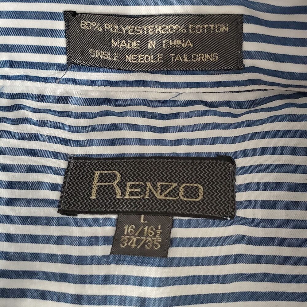 Renzo L 16/ 16.5 (34-35)‎ Long Sleeve Dress Shirt Blue Stripe Single Needle Vtg